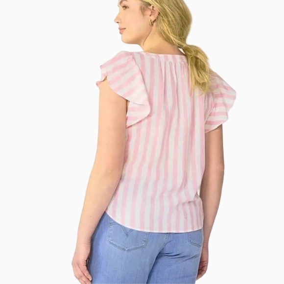 Draper James RSVP Blouse Linen Cotton Top Shirt Flutter Sleeve Shirred Smocked - Picture 5 of 16